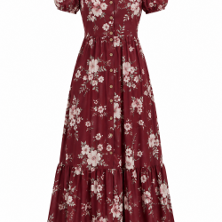 Burgundy Button Floral Maxi Dress