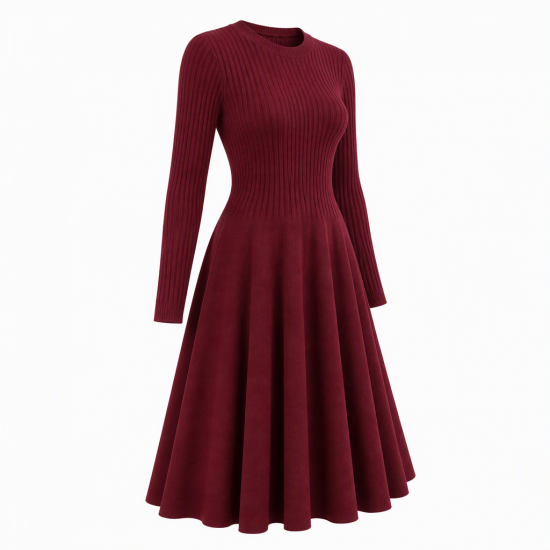 Burgundy Long Sleeve Ribbed Winter Dress