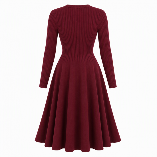 Burgundy Long Sleeve Ribbed Winter Dress