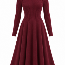 Burgundy Long Sleeve Ribbed Winter Dress
