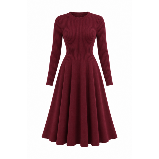 Burgundy Long Sleeve Ribbed Winter Dress