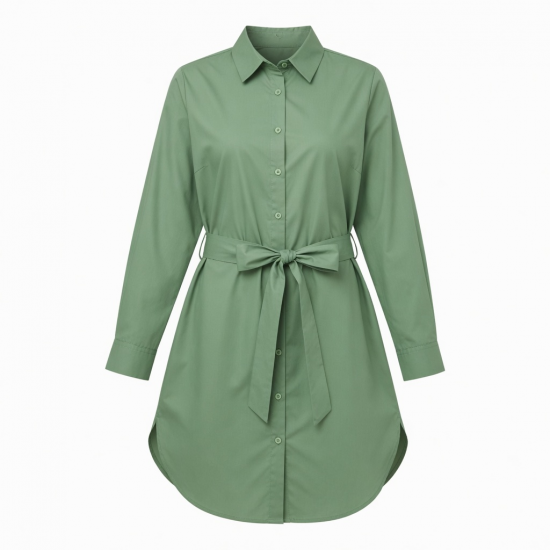 Green Collared Belted Button Shirt Dress