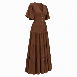 Brown V-Neck Split Button Women's Maxi Dress