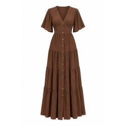 Brown V-Neck Split Button Women's Maxi Dress