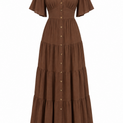 Brown V-Neck Split Button Women's Maxi Dress