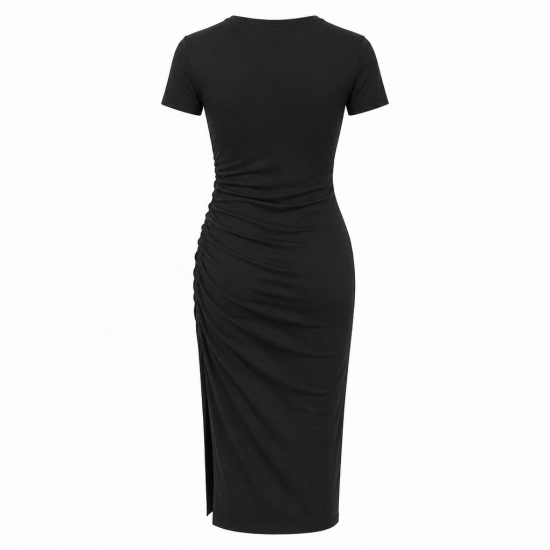 Black Crewneck Gathered Jersey Midi Dress
