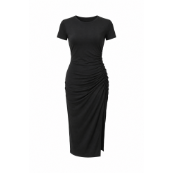 Black Crewneck Gathered Jersey Midi Dress