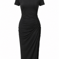 Black Crewneck Gathered Jersey Midi Dress