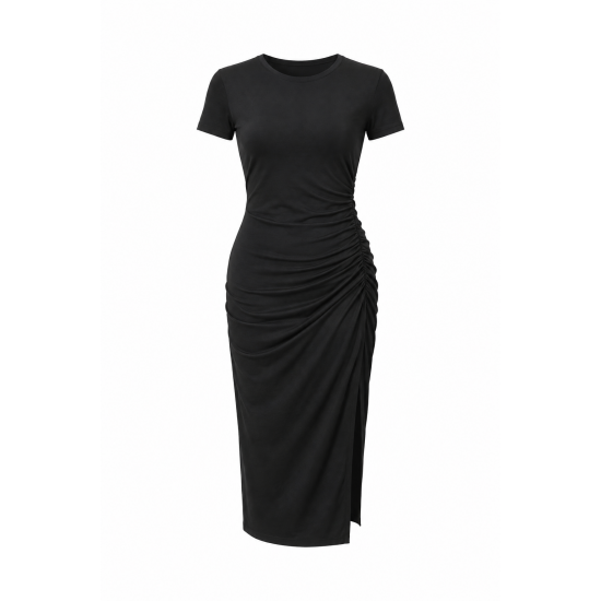 Black Crewneck Gathered Jersey Midi Dress